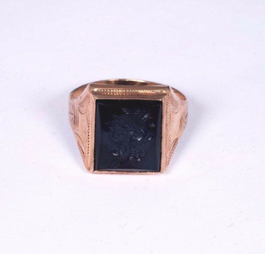 10k Yellow Gold Men's Black Onyx Intaglio Roman Soldier Ring