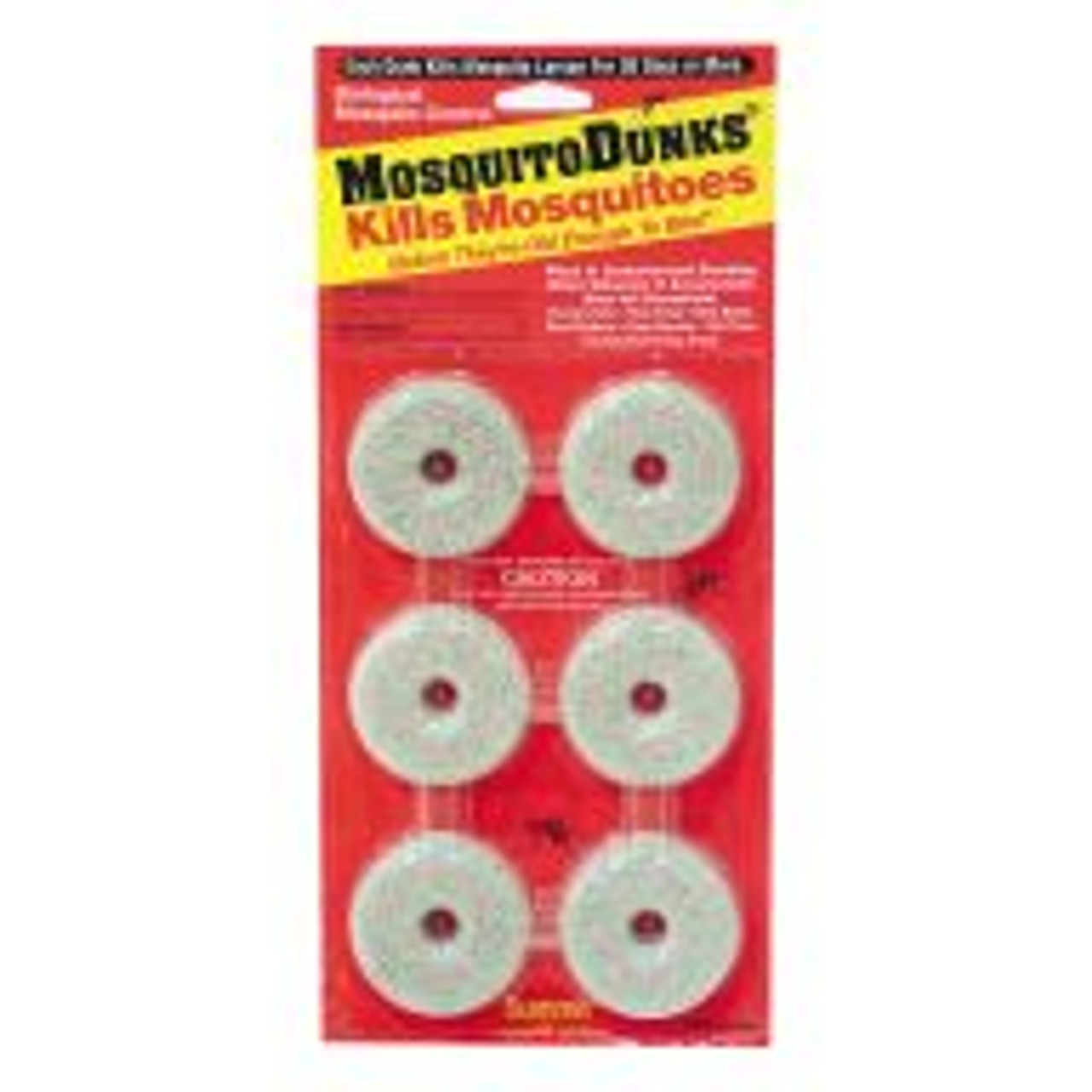 Six Mosquito Dunks to a package are enough to keep the garden and yard mosquito free for months. Each dunk releases an effective larvicide (Bt Israiliensis) into standing water for up to 30 days, treating up to 100 sq ft of surface water regardless of depth. Mosquito Dunks kill mosquitoes before they get old enough to bite and are used to treat stagnant water in birdbaths, flowerpots, rain barrels, gutters, and unused swimming pools and hot tubs. Disks can easily be broken into smaller pieces or anchored to avoid being washed away.