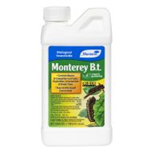 Monterey B.t. is a biological insecticide containing Bacillus thuringiensis, a naturally occurring bacterium, used for controlling destructive worms and caterpillars on fruit trees, vegetables, shade trees and ornamentals. This organic product wonÂ’t harm beneficial insects, and is safe for people and pets when used as directed. Monterey B.t. is a biological insecticide containing Bacillus thuringiensis, a naturally occurring bacterium, used for controlling destructive worms and caterpillars on fruit trees, vegetables, shade trees and ornamentals. This organic product wonÂ’t harm beneficial insects, and is safe for people and pets when used as directed.