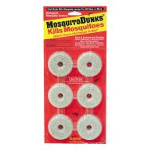 Six Mosquito Dunks to a package are enough to keep the garden and yard mosquito free for months. Each dunk releases an effective larvicide (Bt Israiliensis) into standing water for up to 30 days, treating up to 100 sq ft of surface water regardless of depth. Mosquito Dunks kill mosquitoes before they get old enough to bite and are used to treat stagnant water in birdbaths, flowerpots, rain barrels, gutters, and unused swimming pools and hot tubs. Disks can easily be broken into smaller pieces or anchored to avoid being washed away.