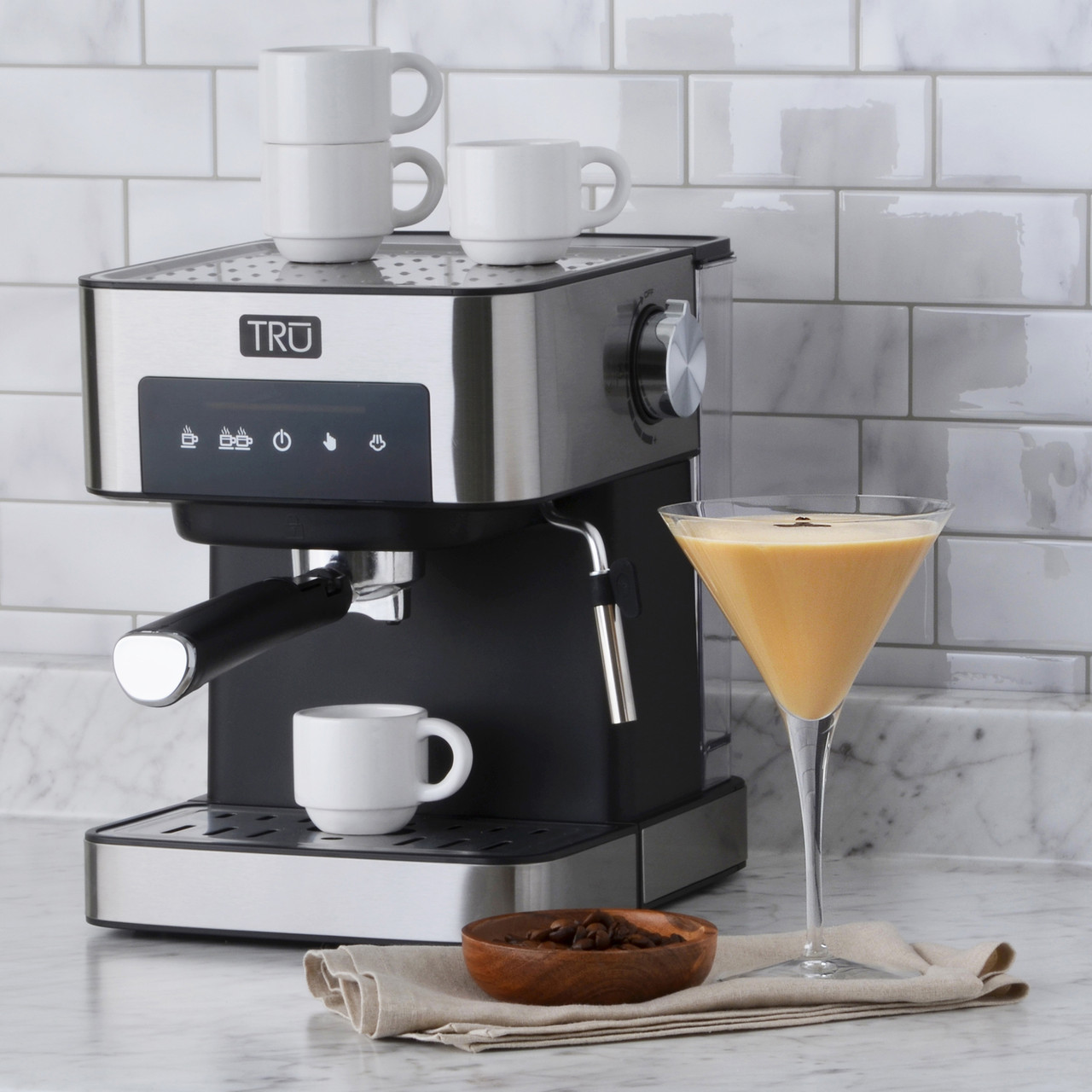 TRU 15-Bar Semi-Automatic All-In-One Espresso Maker with Grinder