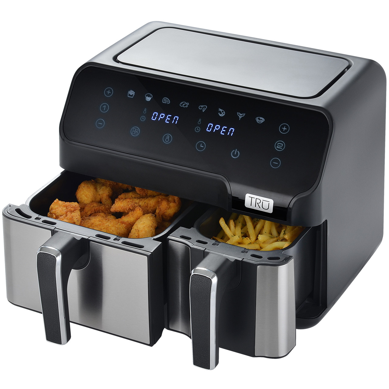 TRU Dual Zone, 2-Basket Air Fryer by Select Brands - Dual Basket Air Fryer  with Smart Finish Technology - Double Basket Air Fryer to Cook Fries, Meat