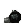 Underside view of fan blade, housing, tailpipe