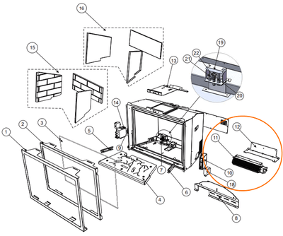 Diagram of blower installed at rear of fireplace with bracket
