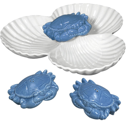 Sadek Ceramic 9.5" Blue Crab 3-Part Dip Serve Dish w/Matching Salt/Pepper NEW