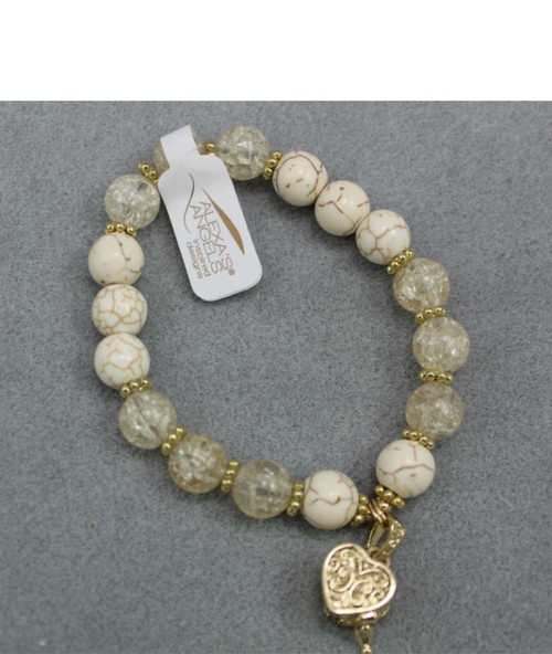 Alexa's Angels 7" Rhodium Gold Stretch Prayer Heart Box Beaded Bracelet Cream