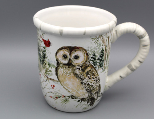  Certified International Winter Scene 4.25" Coffee Mug Owl & Cardinals Front