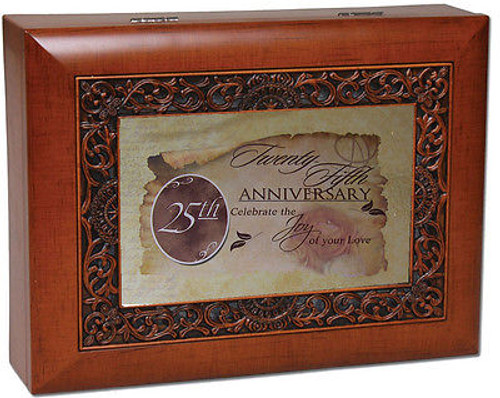 25 Anniversary Cottage Garden Ornate Woodgrain Music Jewelry Box Wonderful World