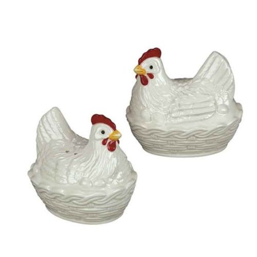 Andrea Sadek Ceramic White Hen on Basket Salt Pepper Shakers #61360