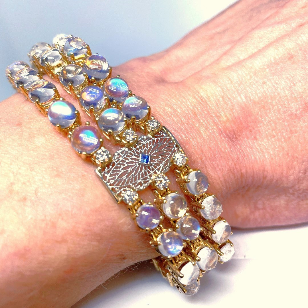 Antique Art Deco Exceptional Moonstone Sapphire Diamond Bracelet