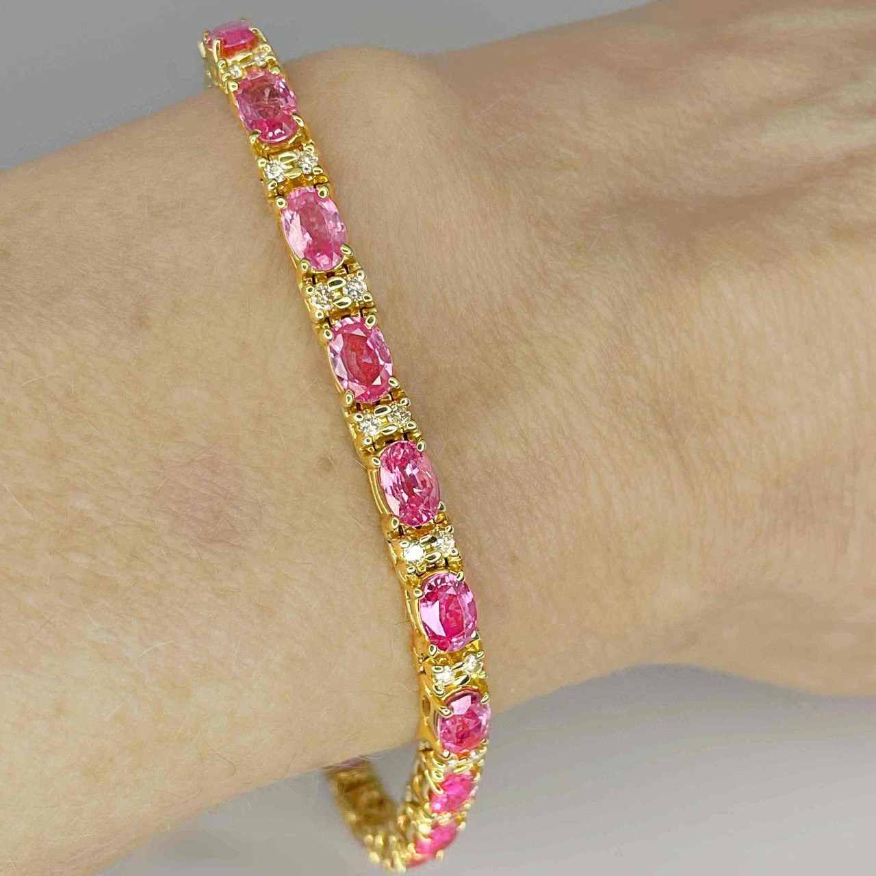 Unheated Padparadscha Sapphire Diamond Tennis Bracelet 14K Gold No