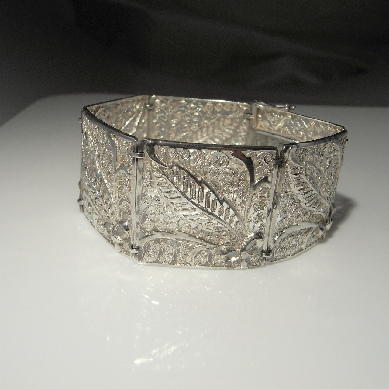 Bracelet Gourmette Ancien En Argent Massif 925, Maille Plaque Style Art Nouveau