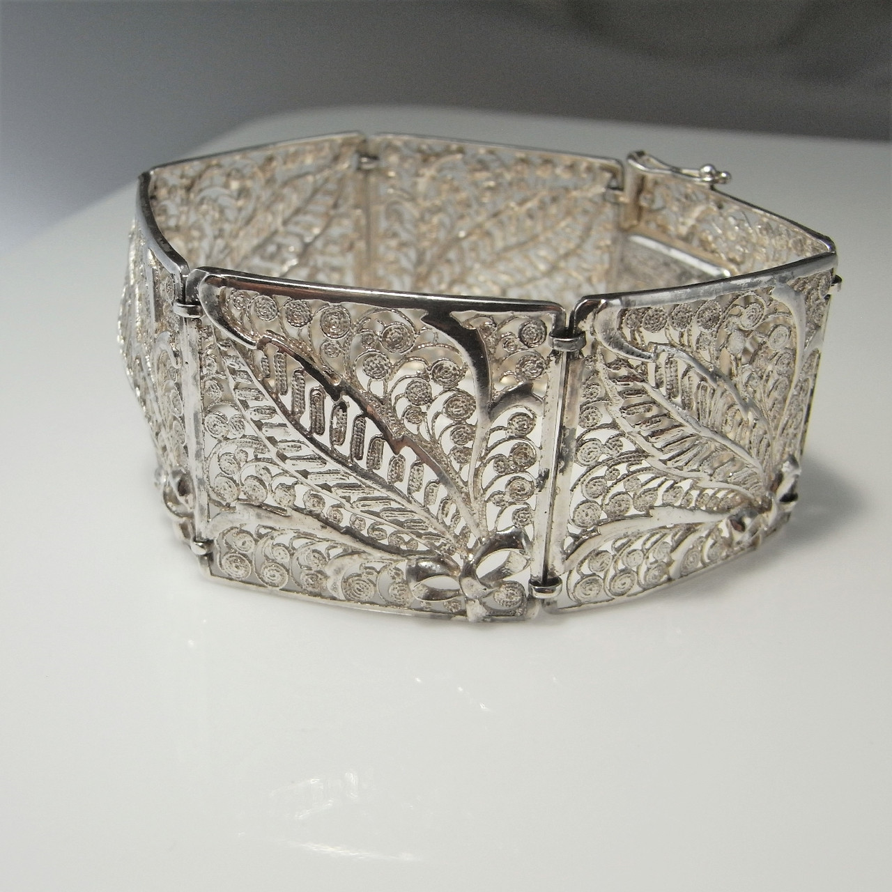 Bracelet Gourmette Argent Massif 925 - Maille Plate Style Art Nouveau - Occasion Vintage