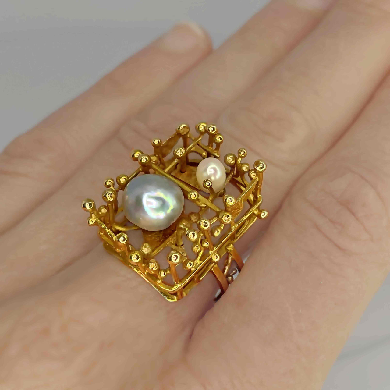 Brutalist Modernist 1970s Unisex Pearl Ring 14K Gold