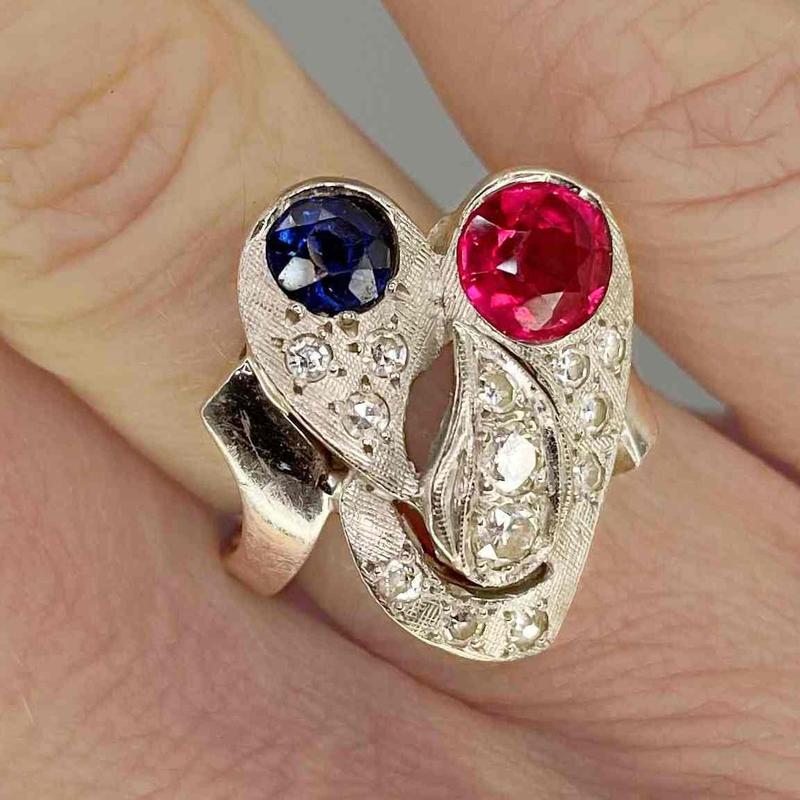 Art Deco Diamond Ring WWII 1940s Sweetheart Rings Ruby Sapphire