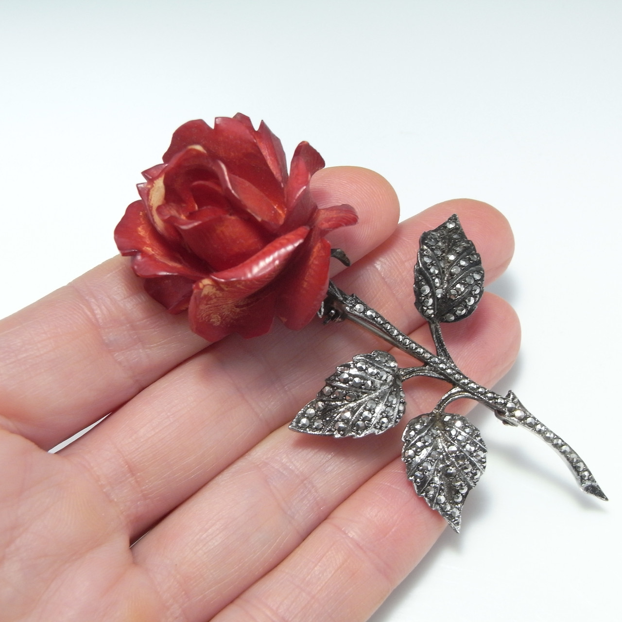 Red Ivory Rose Marcasite Sterling Silver Art Deco Brooch Pin1