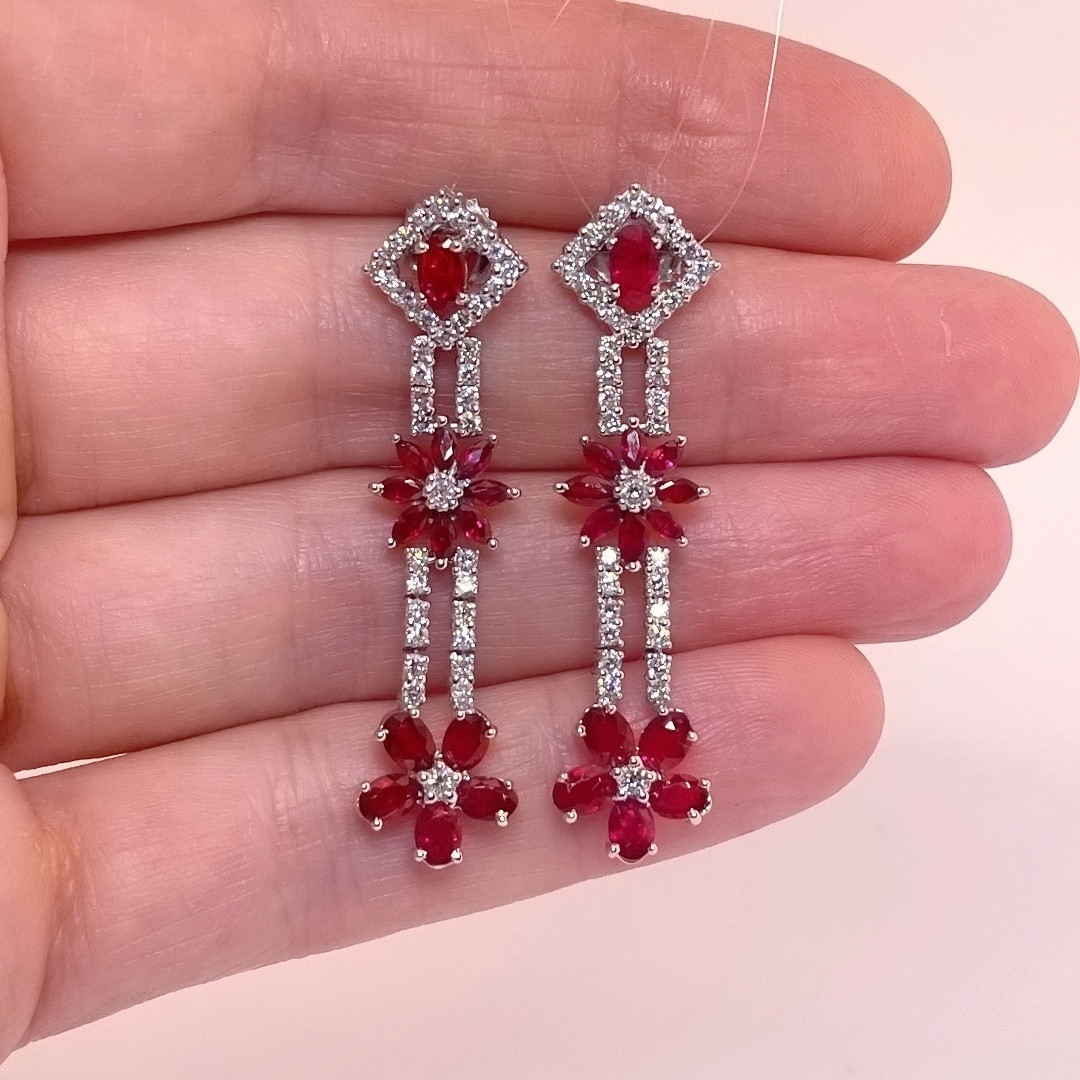 Unheated Vivid Red Ruby Diamond Flower Drop Earrings 18K White Gold
