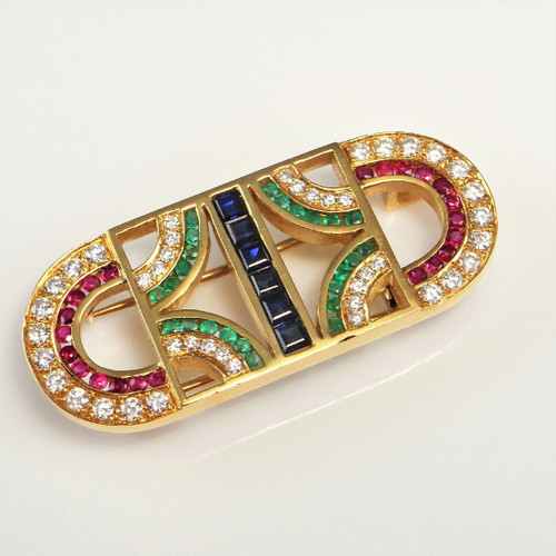 Geometric Ruby Emerald Sapphire Diamond 18K Gold Pendant Pin Brooch Buy art deco style diamonds ruby emeralds sapphire jewellery jewelry pendant online