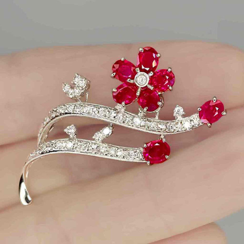 Unheated Ruby Diamond Flower Brooch Pin 14K White Gold  OPR Jewelry Buy ruby pin brooch online Buy ruby jewellery online Buy ruby anniversary gift online