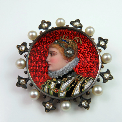 Victorian Rose Diamond Enamel Portrait Miniature Brooch Pin 18K Gold 19th Century 1800s OPR Jewelry