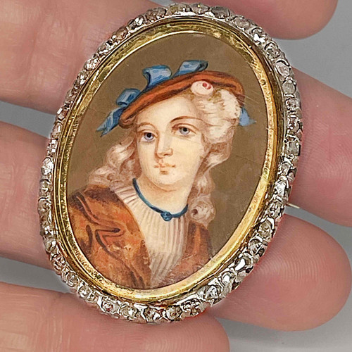 Georgian diamond portrait pin in gold and silver