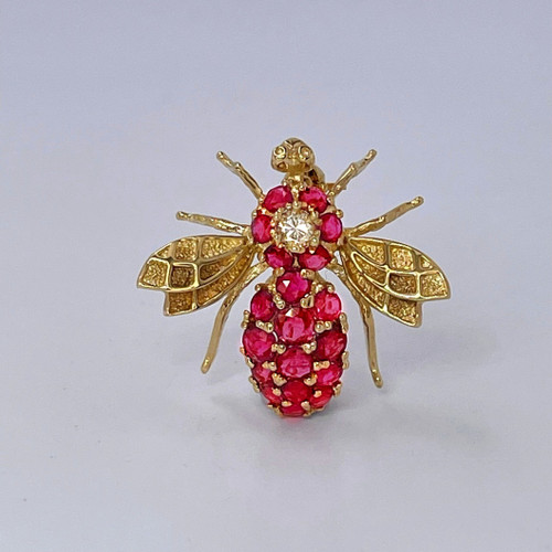 Ruby anniversary birthstone gift brooch pin jewelry OPR Jewelry Bee pendant 14K gold 
ruby diamond insect pin estate ruby anniversary gift