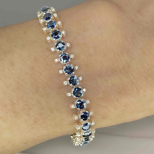 unheated Blue Sapphire Diamond Eternity Tennis Bracelet 18K White Gold  OPR Jewelry