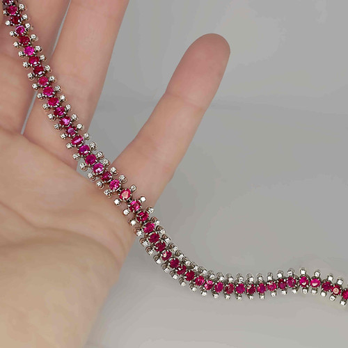 Unique Unheated Ruby Diamond Tennis Bracelet 18K White Gold