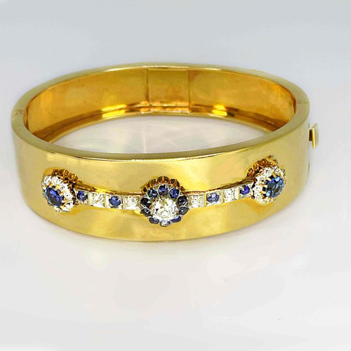Art Deco OEC Diamond Ceylon Sapphire Bangle 14K Gold