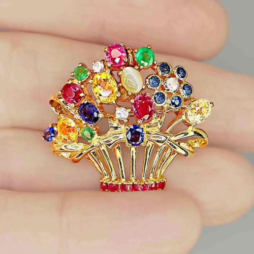 OOAK Art Deco 18K Gold Precious Gemstone Giardinetto Brooch Pendant