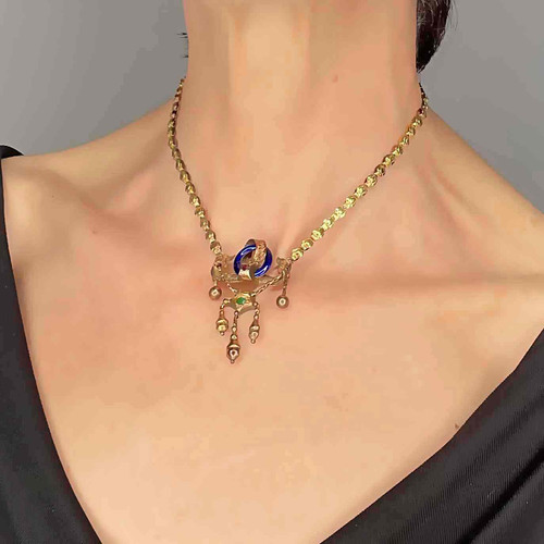 Antique German early 19th C 14K Gold Ruby Emerald Blue Enamel Necklace