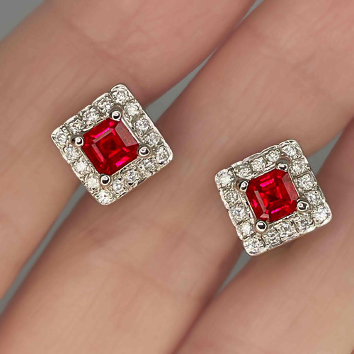 Luxury square cut natural ruby diamond 18K gold earrings. Ruby anniversary earrings Buy natural rubies online