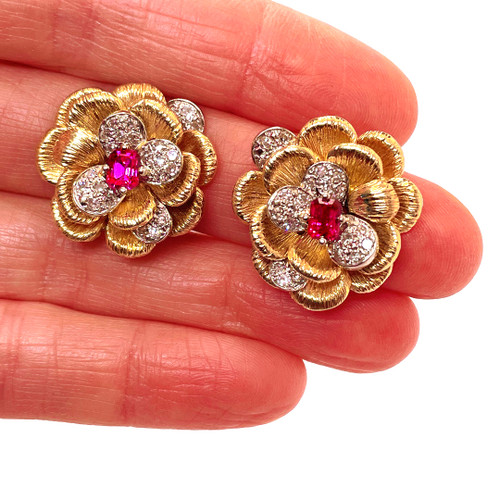 Big Ruby Diamond Flower Earrings 14K Gold 1950s Big Gold Natural Ruby Earrings