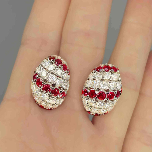 Big Unheated Ruby Diamond Dome Earrings 18K White Gold c1950s