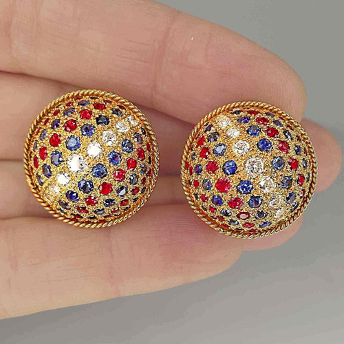 Ruby Sapphire Diamond Striped Earrings 14K Gold Button Dome