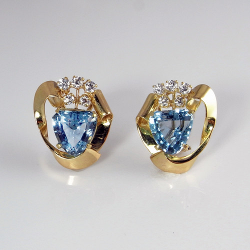 art deco Santa Maria Blue Aquamarine Diamond Earrings 14K Art Deco OPR Jewelry