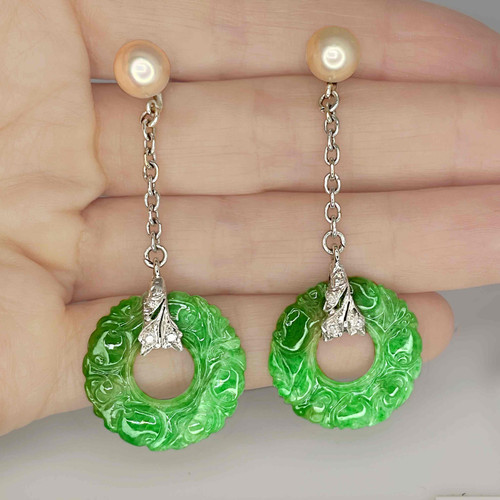Unique Green Jade Bi Diamond Pearl 14K Chandelier Earrings