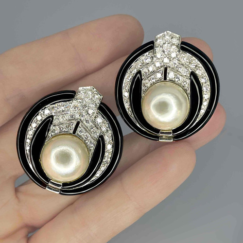 Mabe Pearl Enamel and Diamond Earrings