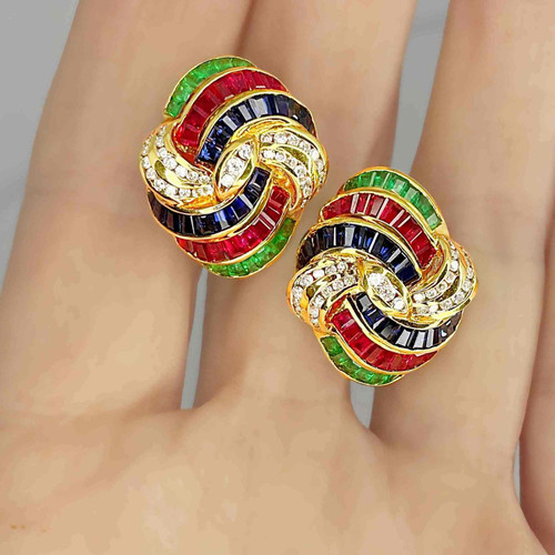 1950s ruby emerald sapphire diamond earrings 18K gold vintage multigemstone earrings vintage natural gemstone anniversary earrings