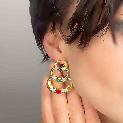 ruby sapphire emerald long chandelier drop statement earrings 1970s 1980s OPR Jewelry the finest estate jewelry in sydney online Retro Cabochon Sapphire Ruby Emerald Diamond 14K Yellow Gold Drop Earrings OPR Jewelry