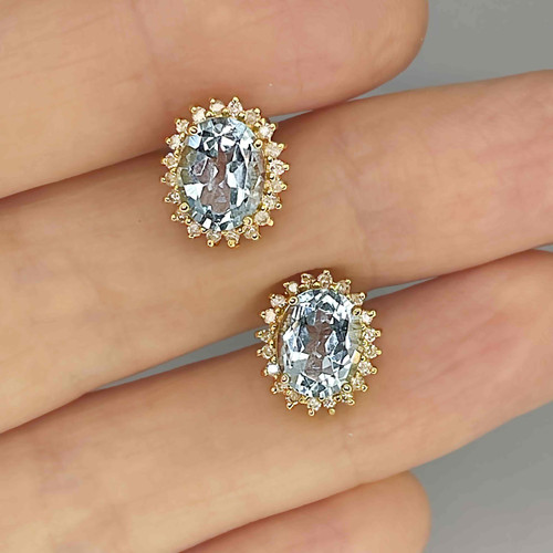 aquamarine halo diamond earrings 14K gold birthstone jewelry gifts wedding OPR Jewelry Estate Aquamarine Diamond Stud Earrings 14K Gold Blue Beryl Studs OPR Jewelry Buy aquamarine jewellery vintage aquamarine diamond earrings online Sydney Australia estate aquamarine natural aquamarine earrings jewellery