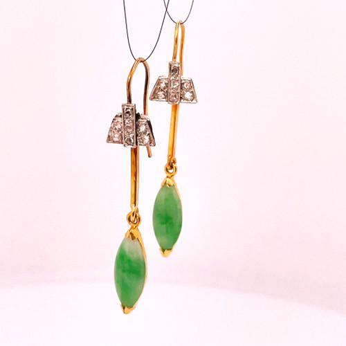 1920s 1930s Art Deco Jade Diamond Drop Earrings Platinum Yellow Gold OPR Jewelry antique imperial jade diamond drop earrings OPR Jewelry