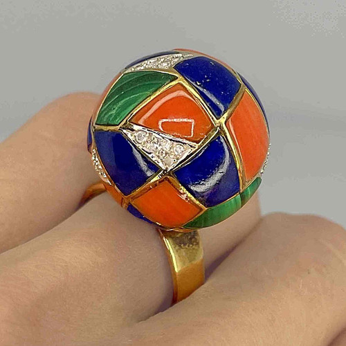 Inlaid Sphere Ball Ring 14K Gold Lapis Malachite Red Coral OPR Jewelry Buy antique and estate jewellery jewelry Sydney Australia. Sydney Antique Jewellery Shops 
1970s 1960s diamond ring Unique engagement harlequin ring. Inlaid gemstone ring. Unique birthstone celebration ring.