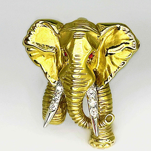 OOAK Elephant 14K Gold Brooch Pendant with Rubies and Diamonds