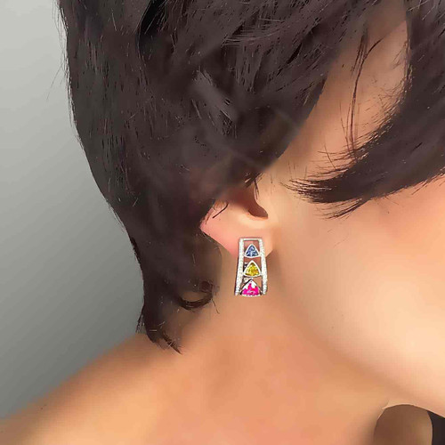 Multicolor Sapphire Diamond Earrings 18K White Gold Pink Blue Green Yellow Rainbow