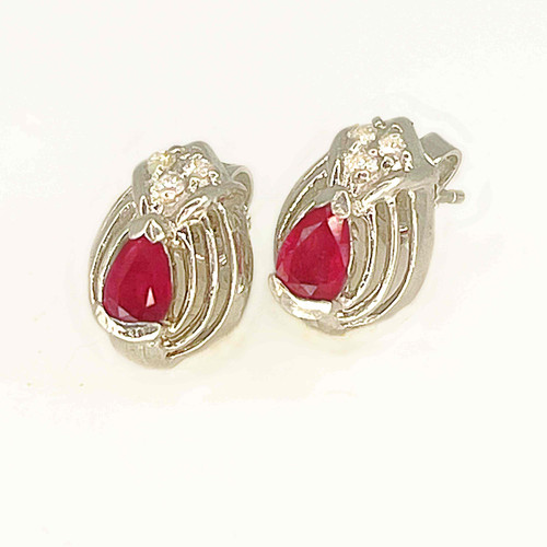 Natural ruby diamond earrings ruby diamond stud earrings tear drop rubies diamonds earrings pear cut ruby earrings 14K white gold