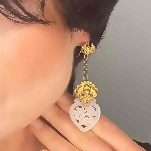 Antique Chinese Mutton Fat White Jade Drop Earrings Gilt Silver Qing Dynasty Bat Earrings