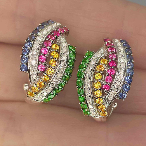 rainbow sapphire tsavorite diamond earrings 14K gold exceptional natural sapphire earrings rainbow jewelry sapphire christmas gift OPR Jewels.