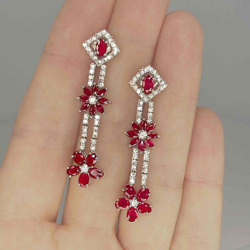 Exceptional Unheated Ruby Diamond Flower Chandelier Earrings 18K Gold