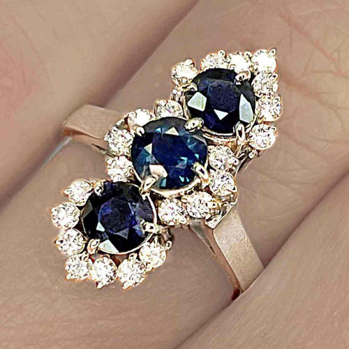 Three stone sapphire diamond ring deep dark blue midnight sapphire engagement anniversary ring in platinum. Buy exceptional sapphire rings online at OPR. Free worldwide shipping.